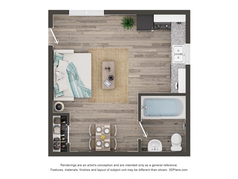 Floor plan for studio, 1 bath, 625 sqft